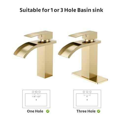 Waterfall Bathroom Faucets Single Hole Sink Faucet for 1 or 3 Hole Single Handle Vanity Basin with Deck Plate,with Pop-up Drain&Supply Lines,Brushed Gold