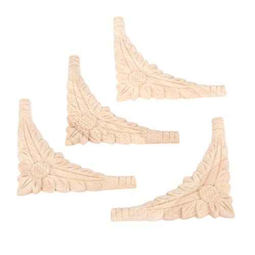 MUXSAM Flower Wood Carved Onlay Appliques Corner Decals, 4-Pack Unpainted Wooden Carvings Decorative Decals for Wall Fireplace Dresser Cupboard Wardrobe Closet Vent Hood Cover(10x10cm/3.94"x3.94")