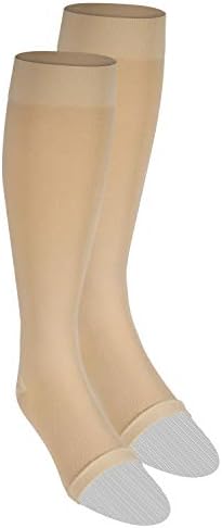 NuVein Medical Compression Stockings, 20-30 mmHg Support for Women & Men, Knee Length, Open Toe, Beige, Large