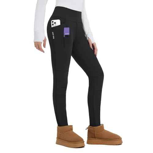 baleaf Thick Leggings for Women Water Resistant Snow Pants Fleece Lined Leggings Winter Ski Hiking Pants with Zip Pockets