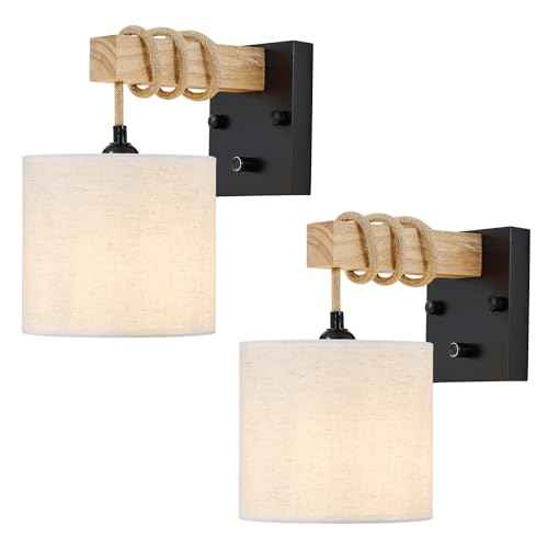 Boho Wall Sconces Set of Two, Hardwired Farmhouse Fabric Wall Lamps with Wooden Arm & On/Off Dimmable Switch,Rustic Indoor Wall Mount Light Fixtures for Bedroom Nursery Living Room Bathroom