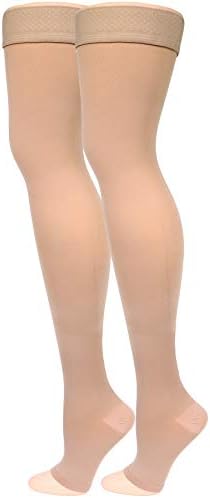 Truform Women's Compression Stockings, 20-30 mmHg, Thigh High Length, Open Toe, Opaque, Beige, Small