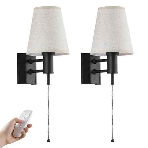 Rechargeable Battery Operated Wall Sconces Set of 2, Wireless LED Wall Lights with Remote & On/Off Pull Chain, Wall Mounted Lamp Lighting Fixture Decor for Bedroom Living Room, Matte Black