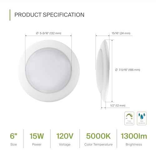ASD 12 Pack LED Disk Lights 6 Inch, 15W 5000K Daylight 1300LM CRI90+, Dimmable Flush Mount Ceiling Light Fixture, Low Profile Surface Mount Disc, Junction Box or Recessed Can Install, ETL Energy Star