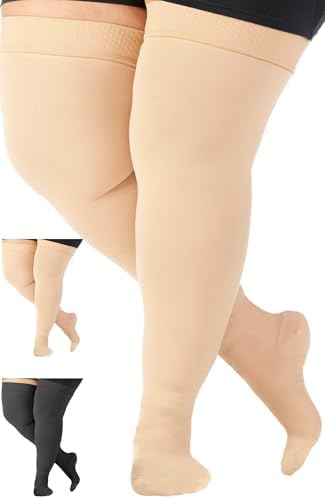 ABSOLUTE SUPPORT Plus Size Thigh High Compression Stockings for Men & Women 20-30mmHg - Unisex Opaque Over Knee Socks with Wide Calf for Postpartum, Achilles Tendon, Embolism, DVT - Beige, 3X-Large