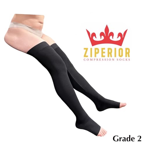 Thigh High 20-30 mmHg Compression Wide Calf Inside Leg Zipper Open Toe (Black, Small-Medium)