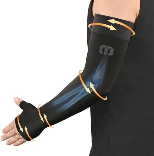 MGANG Lymphedema Compression Arm Sleeve with Gauntlet for Women Men, Opaque, 15-20 mmHg Medical Graduated Compression Full Arm Support, Thumb Lymph Edema Arm Sleeve, Pain Relief, Arthritis, Black 3XL