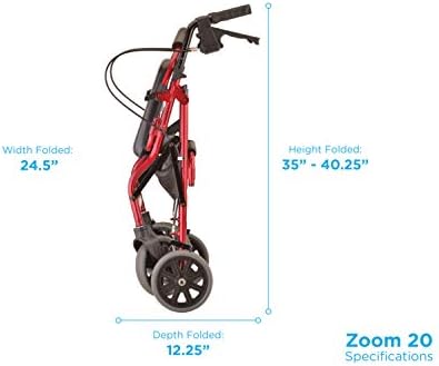 NOVA Medical Products Zoom Rollator Walker with Seat Height, 20 Inch, Red, 1 Count