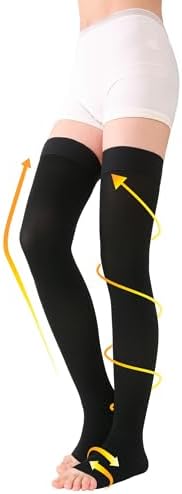 TOFLY® Thigh High Compression Socks for Women & Men (Pair), Open Toe, Opaque, Firm Support 30-40mmHg Graduated Compression Hose, Medical Compression Stockings for Varicose Veins, Edema, DVT,Black S