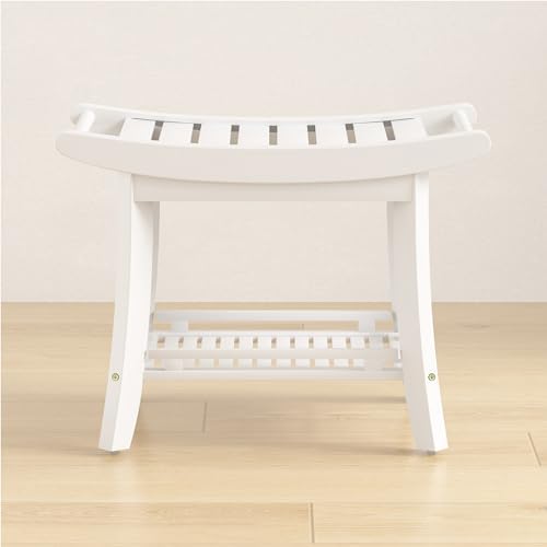 Bamboo Shower Bench Chair Bathroom Shower Stool Seat for Inside Shower Bathtub with Storage Shelf Shower Foot Rest for Shaving Legs 25.2 x 13 x 19.2 Inches White