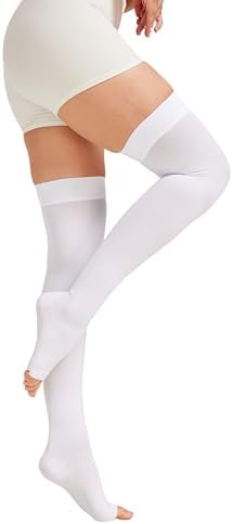 MGANG Medical Thigh High Compression Stockings for Men & Women, Pair, Open Toe, 15-20 mmHg Graduated Compression Support Hose, Opaque, Best for Varicose Veins, Edema, Flight, DVT, Swelling, White S