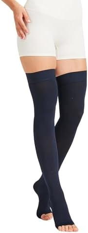 MGANG Medical Thigh High Compression Stockings for Men & Women, Pair, Open Toe, 15-20 mmHg Graduated Compression Support Hose, Opaque, Best for Varicose Veins, Edema, Flight, Swelling, Navy Blue XL
