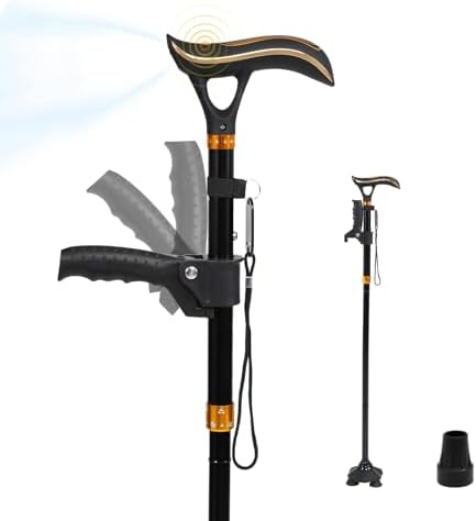 Folding Adjustable Walking Cane with Light and Alarm, Smart USB Rechargeable Cane with Second Handle for Standing, Aluminum Alloy for Seniors, Men, and Women
