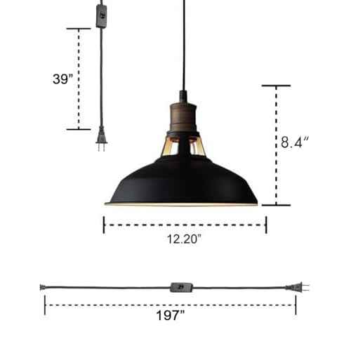 CLAXY Plug in Pendant Lights Adjustable Hanging Pendant Light Fixture with Black Barn Shade On/Off Switch Swag Pendant Lamp Set of 2