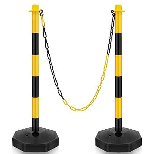Konohan 2 Sets 34 Inch Parking Cone Delineators Post Traffic Cone Plastic Stanchion Set Stands Parking Barrier with Base 6.6 ft Chain S Hooks Reflective Collar (Yellow,Black)
