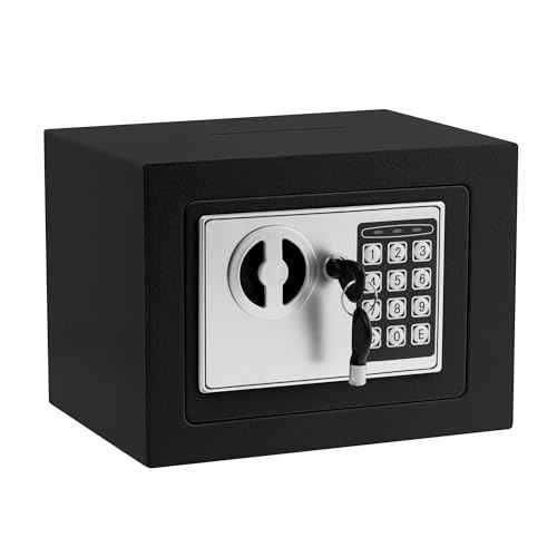 Small Electronic Safe Box With Digital Keypad & Keys - 9.05 x 6.7 x 6.7 Inches Wall Safe 0.23Cuft Mini Security Box for Coin Home Office Hotel Rooms Business Jewelry Gun (Black)