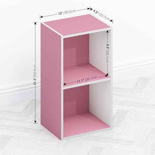 Furinno TOMI Book Shelf, 2-Tier Modern Bookshelf, Open Shelves Bookcase 9 x 12 x 21, for Living Room, Bedroom, Home Office, Pink