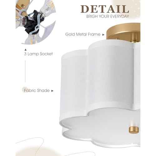 Gold Semi Flush Mount Ceiling Light, 3-Light 12.5" Ceiling Lighting Fixtures with Fabric Shade in Flower Shape, Farmhouse Brass Drum Lights for Nursery Hallway Bedroom, AD-22007-3SF-GD
