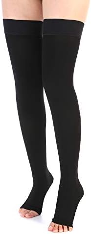 Leotruny Women Men 20-30 mmHg Support Open-Toe Thigh High Compression Stockings (C02-Black, Medium (1 Pair))
