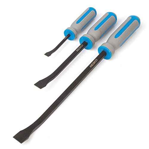 NEIKO 00251A Pry Bar, 3 Piece Angled Tip Pry Bar Set, 8", 12" & 17.5" Crow Bar with Go Through Striking Cap, Textured TPR Breaker Bar Handles, Heavy Duty Black Oxide Coated Chromium Steel Small PryBar