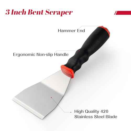 Mister Rui Bent Heavy Duty Scraper, 3 Inch Bent Scraper, Stainless Steel Putty Knife with Hammer End, Spackle Knife with Soft Grip Rubber Handle, Paint Scraper Tool for Wood