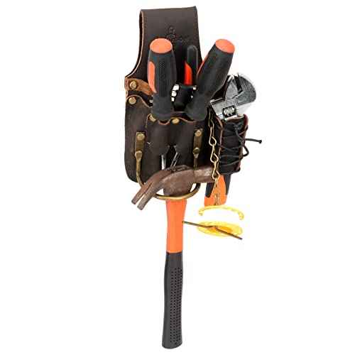 Tourbon Leather Multifunctional Electrician's Tool Pouch with Tape Chain 5 Pockets Carpenter's Bag Hammer Bull Pin Holder Dark Brown