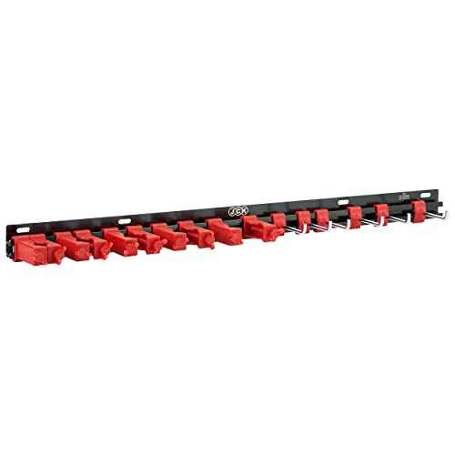 JCK Professional Multi-Purpose Gardening Tool Organizer, Adjustable Red Clips Black Aluminum Rack, Garden Tool Organizer Wall Mount Garage Organizers and Storage with Hooks Tool Hangers for Shed