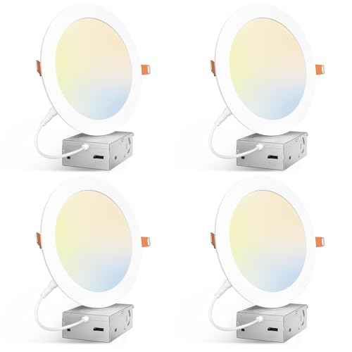 Amico 4 Pack 7 Inch 5CCT Ultra-Thin LED Canless Recessed Ceiling Light with Junction Box, 2700K/3000K/3500K/4000K/5000K Selectable, 15W=100W, 1300LM High Brightness, Dimmable Wafer Downlight-ETL&FCC