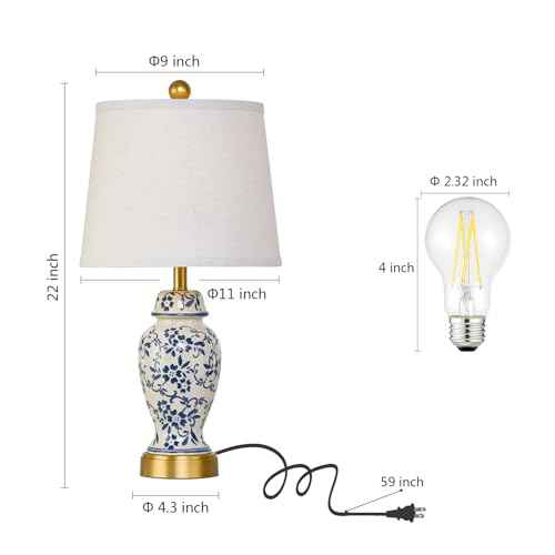 RORIANO Chinoiserie Ceramic Table Lamps Set of 2 for Living Room Bedroom Bedside, Traditional Blue Porcelain Classic Table Lamp for Nightstand Entryway, 2 LED Bulbs Included (Gold)
