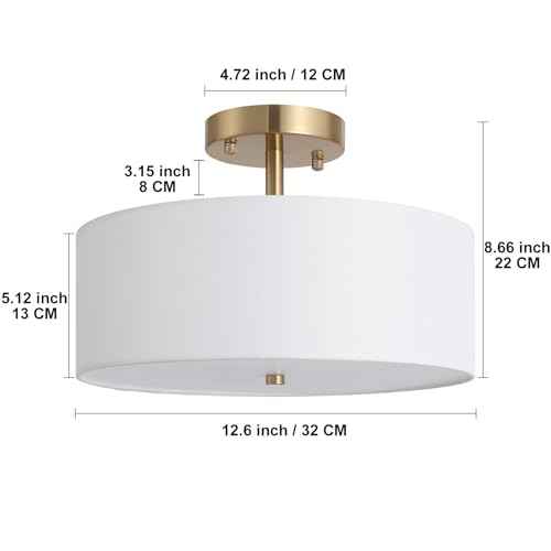 12.6" Semi Flush Mount Ceiling Light Fixture, 3 Light Gold Drum Light Fixtures with White Fabric Shade, Modern Close to Ceiling Lighting for Living Room, Bedroom, Hallway, Entry, Foyer