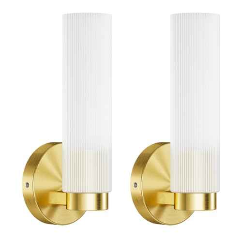 TETOTE Brushed Gold Wall Sconces Set of Two Modern Bathroom Wall Light Fixtures Farmhouse Wall Lights with Frosted Glass Shade for Mirror Bedroom Living Room