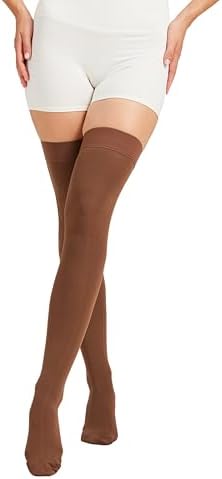 MGANG Medical 15-20 mmHg Compression Stockings for Women & Men, Pair, Thigh High Graduated Compression Socks, Closed Toe, Opaque, Support for Varicose Veins, Edema, DVT, Swelling, Flight, Brown L
