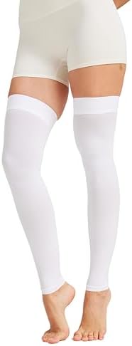 MGANG 15-20 mmHg Compression Stockings for Women & Men, Thigh High Medical Footless Graduated Compression Sleeves with Silicone Dot Band, for Varicose Veins, Edema, Travel, Flight, Pregnant, White M