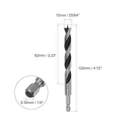 HARFINGTON 2pcs Brad Point Drill Bit 10mm (25/64") Dia Bearing Steel 1/4" Hex Shank Wood Drill Bits 3.23" Working Length Spiral Twist Drilling Tool for Woodworking Softwood Plywood Plastic