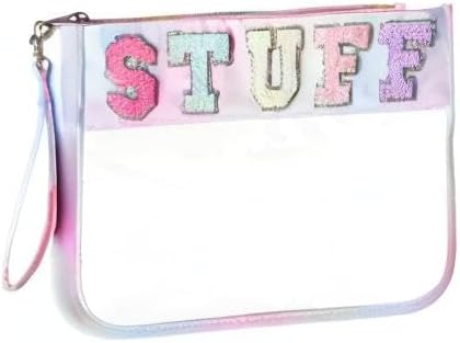 DYSHAYEN Chenille Letter Clear Zipper Pouch for Travel,Nylon Clear Cosmetic Bag,Makeup Travel Bag for Women Girls 11.8 Inches x 8.2 Inches