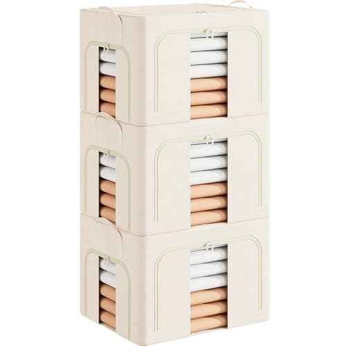 Pinkpum 3 Pack Clothes Storage Bins with Metal Frame, Closet Organizers and Storage Boxes, Stackable & Foldable Clothes Organizer Bags with Large Clear Window & Long Carry Handles, Beige 66L