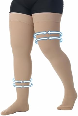 MGANG Medical 15-20 mmHg Compression Stockings for Women & Men, Pair, Thigh High Graduated Compression Socks, Closed Toe, Opaque, Support for Varicose Veins, Edema, DVT, Swelling, Flight, Beige 5XL