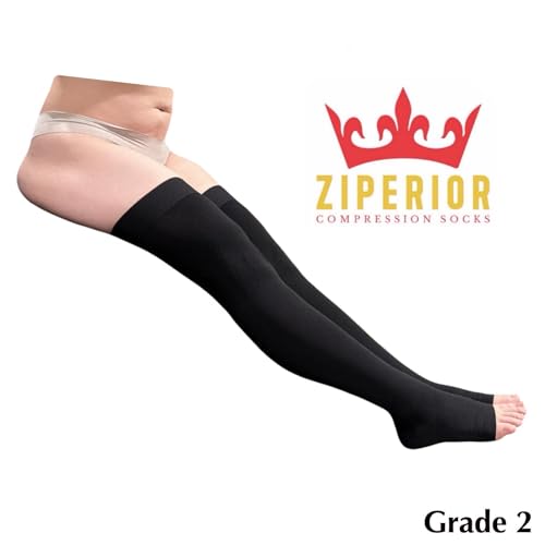 Thigh High 20-30 mmHg Compression Wide Calf Inside Leg Zipper Open Toe (Black, Small-Medium)