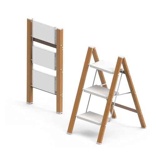 3 Step Ladder, Folding Aluminum Step Stool with Anti-Slip Wide Steps for Adults, Ideal for Kitchen, Closet, Bedroom, 330 lbs Capacity (Woodgrain)