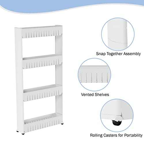 4-Tier Storage Organizer Rack - Plastic Rolling Cart for Office, Dorm, Bedroom, Bathroom, and Laundry Room Organizing by Lavish Home (White)