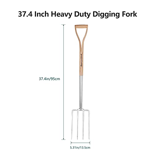 Berry&Bird Garden Digging Fork, 37.4" Stainless Steel Garden Spading Fork with D-Grip Handle, 4-Tine Heavy Duty Long Handled Pitchfork with Ash Wood Handle for Digging, Planting, Cultivating, Aerating
