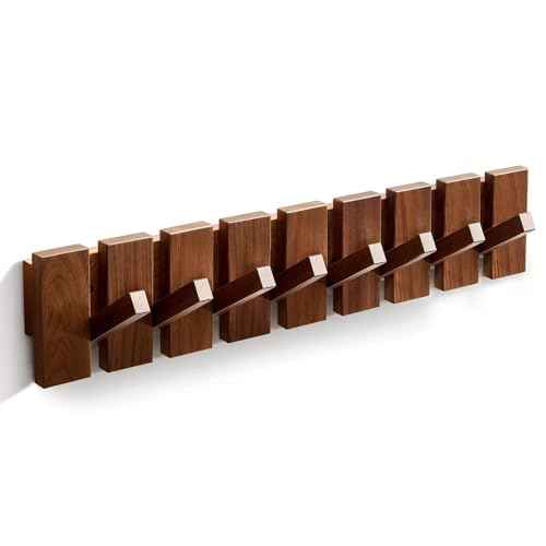 Wood Coat Rack Wall Mounted, Coat Hooks Wall Mount, Flip Down Entryway Wall Art Rack wtih 8 Hooks for Hanging Coats Keys Hats Towels Bags, Walnut