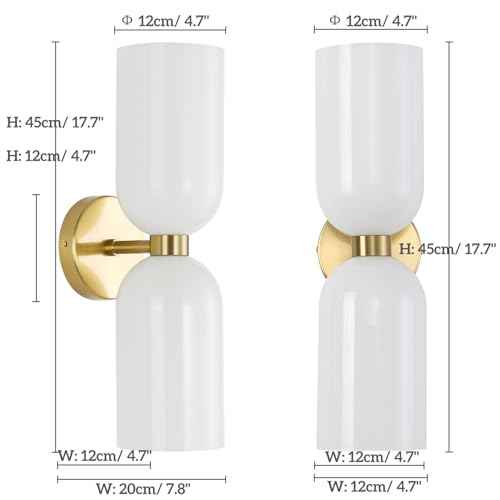 Minimalist 2-Light Gold Wall Sconces with Cylinder Glass Shades- Mid Century Vanity Wall Double Lights Hardwired- Modern Indoor Glass Wall Mounted Art Decor Lights (Milky White, 1 Pack)