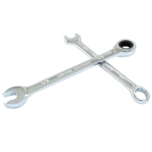 1/2 Inch Ratcheting Wrench Set, 2 Pieces SAE Ratcheting Combination Wrench with 12 Point Design, 72 - Tooth Ratchet Spanner with Chrome Plating