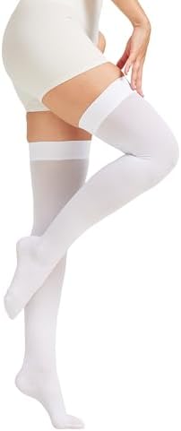 MGANG Medical 15-20 mmHg Compression Stockings for Women & Men, Pair, Thigh High Graduated Compression Socks, Closed Toe, Opaque, Support for Varicose Veins, Edema, DVT, Swelling, Flight, White 2XL