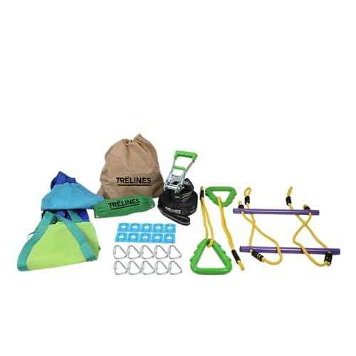 Trelines Swingset Gymnastics Kit 36' - Create an Affordable Swing Set, Slackline & Gymnastics Line - 2 Swings, Double Trapeze bar, 2 Ninja Tree Gym Rings - for Boys and Girls 3+ Holds 500 lbs+