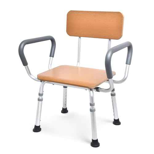 Sangohe Shower Chair for Inside Shower with Arms and Back, Height Adjustable Shower Chair for Elderly and Disabled, Wood Seat Board and Back, 400 lbs Heavy Duty Shower Seat for Seniors, 796A