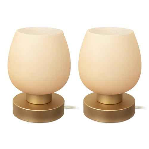 Touch Bedside Table Lamp Set of 2 - Small Modern Table Lamp for Bedroom Living Room Nightstand, 3-Way Dimable Desk lamp with Desert Titanium Color Glass Lamp Shade, 2700K LED Bulb, Simple Design