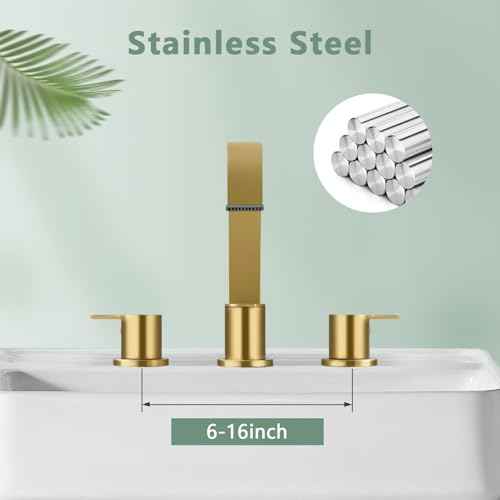Gold Bathroom Faucet 3 Hole, Widespread Bathroom Faucet Brushed Gold, 360¡Æ Swivel High-Arc Spout 2-Handles 8 Inch Faucets with Water Hoses and Drain for Sink RV Bath Vanity Lavatory, VAL088GRH