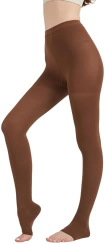 MGANG Medical Compression Pantyhose for Women & Men, 20-30mmHg Graduated Compression Support Tights, Open Toe, Opaque Waist High Compression Stockings for Edema, Varicose Veins, Flight, DVT, Brown S